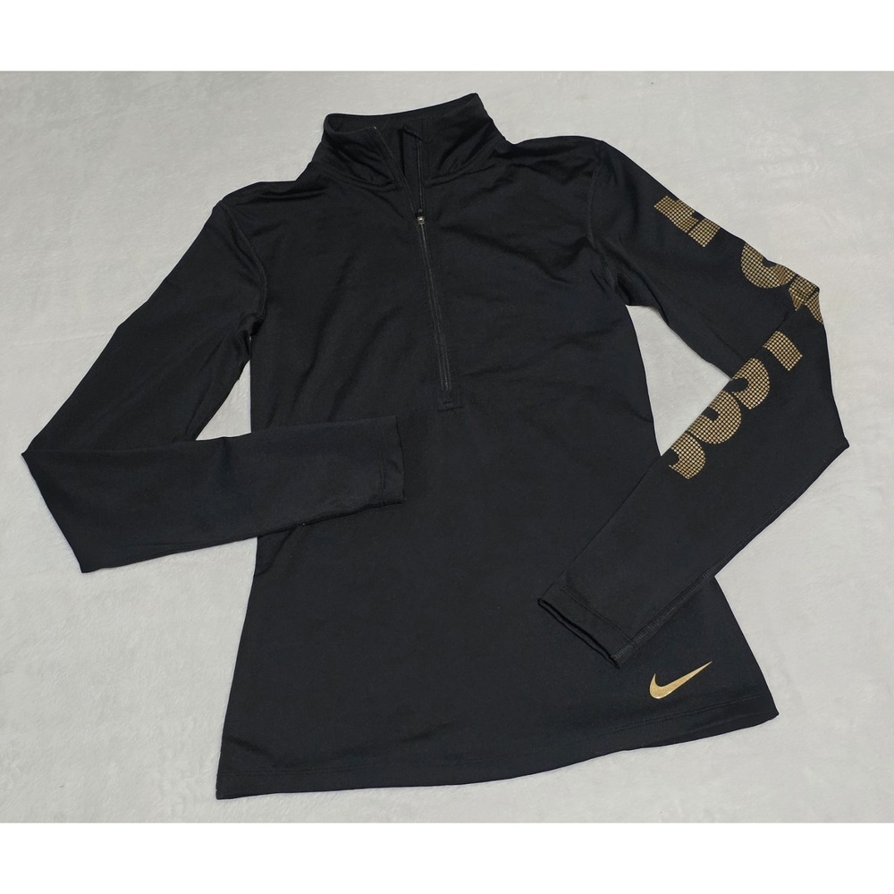 Nike Dri FIT Womens Small 1/4 Zip Mock Neck Long Sleeve Pullover black gold